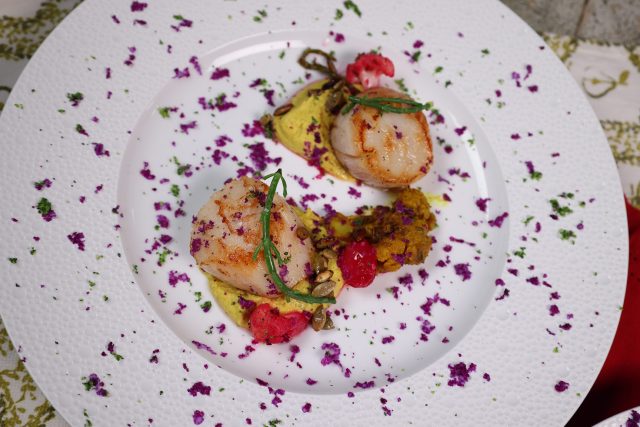 Kanishka Scallops Cauliflower recipe Atul Kochhar seen on Saturday Morning, garnish with pumpkin seeds, Indian piccalilli.